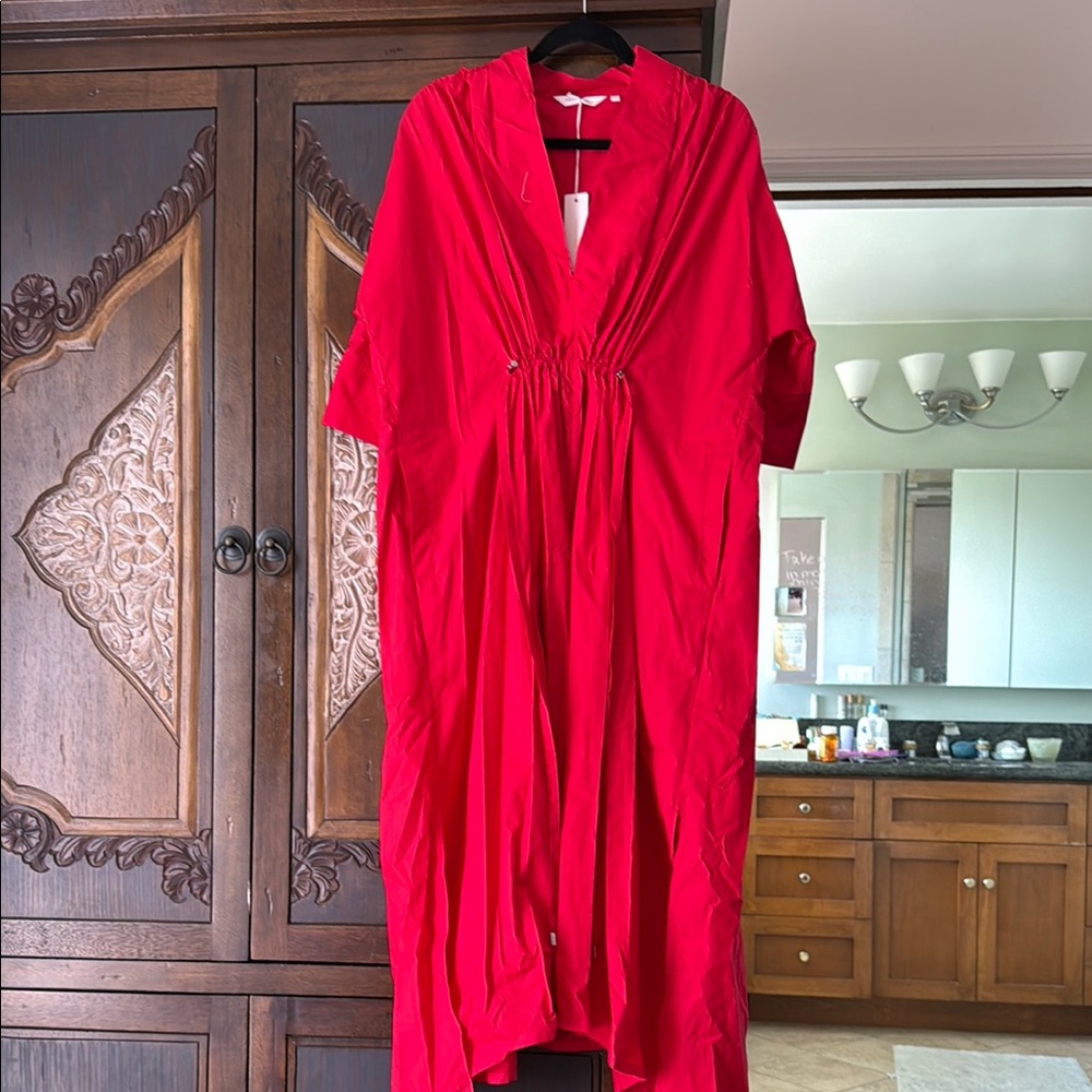 Red Ruched Wrap Dress with Plunge Neckline